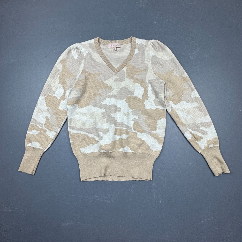 Philosophy Womens Size M Beige Camo V-Neck Pullover Knit Wool Blend Long Sleeve